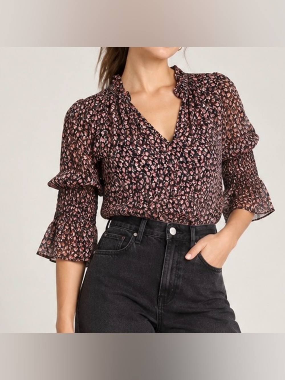 Rebecca Taylor Lightweight Silk Floral Chiffon Sheer Ruffle V-Neck Bell Sleeve M